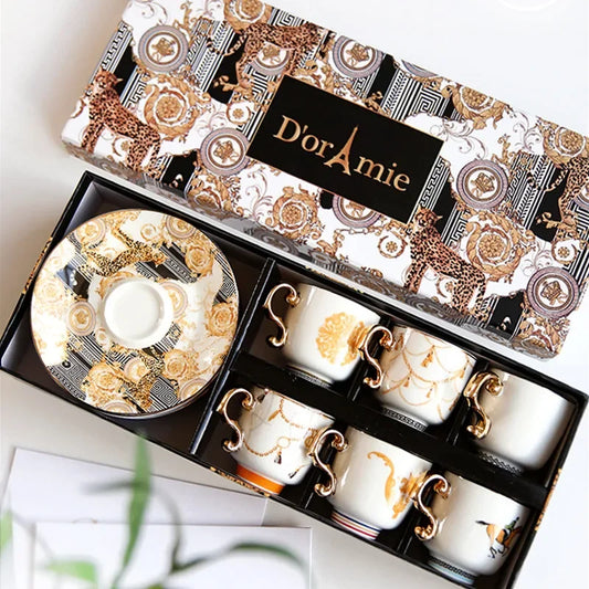 Vintage Luxury Bone China Coffee Cup and Saucer Set of 6 with Gift Box European Porcelain Cups Ceramics Wedding Gifts Home Decor.