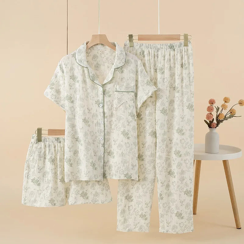 Pajamas pure cotton three-piece set spring and summer thin crepe autumn gauze lapel short-sleeved trousers shorts loungewear set