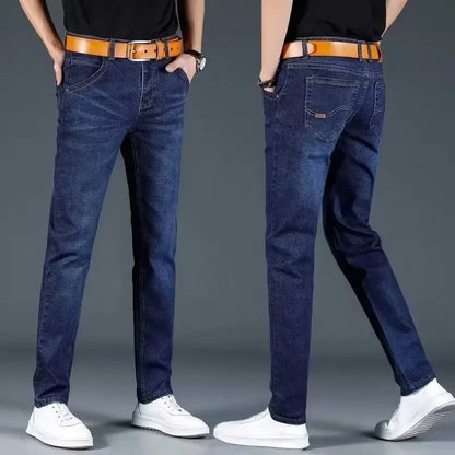 Summer Men's Stretch Jeans Straight-Leg Loose-Fit Business Casual Versatile Long Pants Lightweight Wear-Resistant.