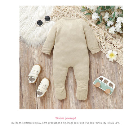 Winter Baby Jungen Strampler Kleidung Beige Rundhals Volle Hülse Gestrickte Neugeborenen Pullover Overalls Einteilige Kleinkind Outfits.