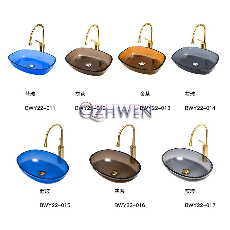 Farbiges, transparentes Badezimmerwaschbecken aus gehärtetem Glas, Hotel, modernes Aufsatzwaschbecken, Waschbecken mit Wasserfall-Wasserhahn, 49 x 35 x 13 cm
