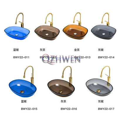 Farbiges, transparentes Badezimmerwaschbecken aus gehärtetem Glas, Hotel, modernes Aufsatzwaschbecken, Waschbecken mit Wasserfall-Wasserhahn, 49 x 35 x 13 cm