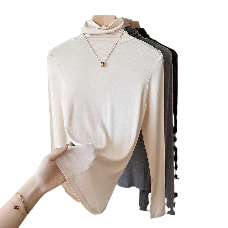 Yuyue Women's High-necked High Strecth Bottoming Shirt Old Money Style Silk Pile Collar Base Top Contain Mulberry Silk and Wool.