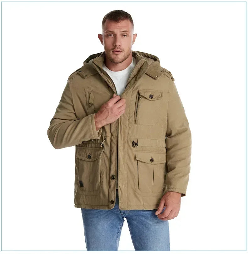 Men's Jacket WINTER USA SIZE Large SIZE Lamb Fleece JACKETS Hooded Cotton Thickened Multi Pocket Casual Mid length Coat