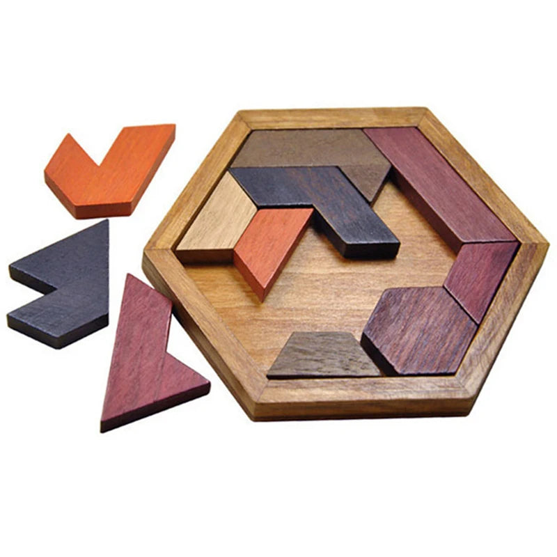 Classical Hexagon Tangram Puzzle Wooden Brain Teasers For Kids Logic Thinking Games Casse Tete Rompecabezas De Madera.