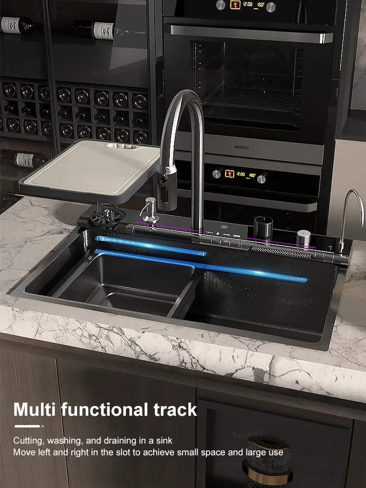 Küchenspüle aus Edelstahl mit Wasserfallprägung, digitales Waschbecken mit einem Schlitz, Waschtank für Wohnungen und Wohnungen