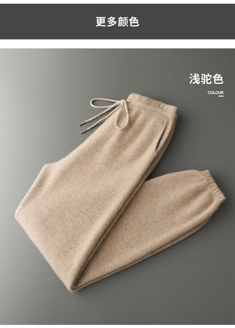 Autumn Winter New Thickened 100% Pure Cashmere Pants for Men High Waist Knitted Jogger Pants Solid Color Versatile Harem Pants.