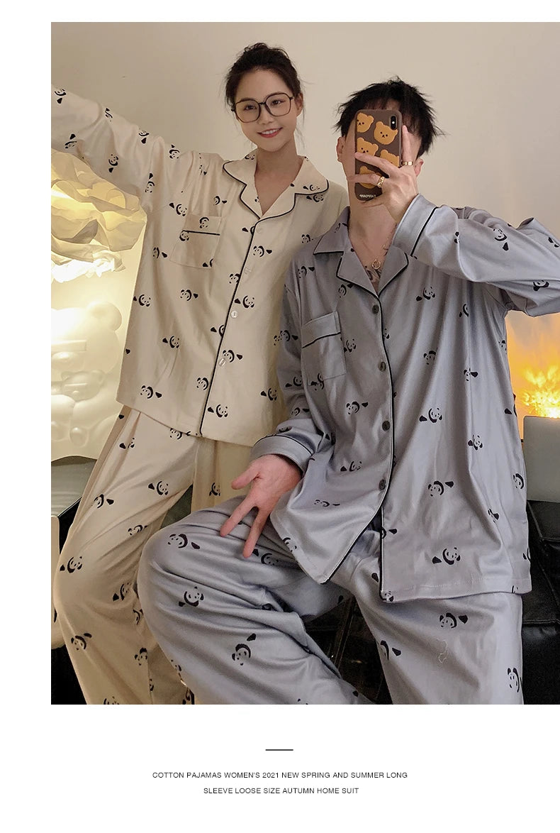 Pajamas Women Pajama Man Set Cotton Plus Size Spring Autumn Long-sleeved Korean Cardigan Casual V-neck Nightwear Couple Pyjamas.