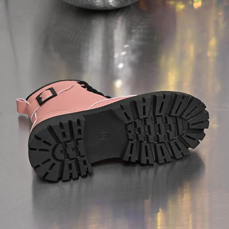 Chunky Platform Thick Heel Pink Ankle Boots Women 2025 Winter Punk Thick Bottom Lace Up Motorcycle Boots Metal Buckle Booties.