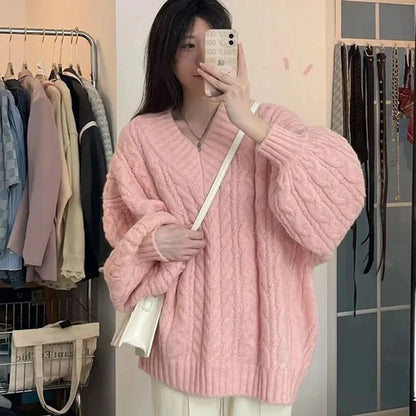 Herbst Winter Frauen Pullover Harajuku Übergroßen Gestrickte Pullover Koreanische Langarm V-ausschnitt Strickwaren Preppy Solide Lose Jumper