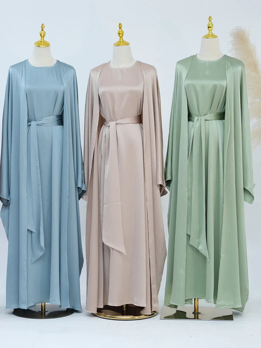 Muslim Turkish Women Arabic Dubai Abaya Long Dress Modest Ramadan Robe Liner Dress Kaftan Two-Piece Set Femme Islam Clothing Set.