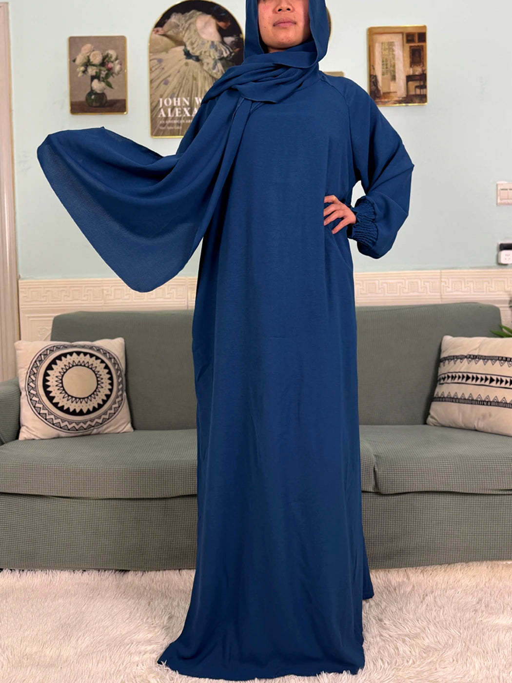 Muslim Abaya Ramadan 2025 For Women Pure Cotton Loose Prayer Femme Robe Elastic Cuffs African Dress With Connected Hijabs Scarf.