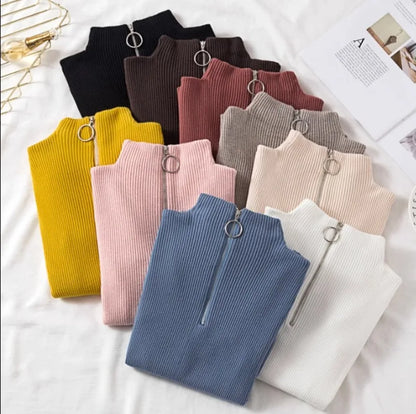 Spring Autumn Skinny Elastic Knitted Shirt Women Pullover Sweater Tops Female Long Sleeve Slim Mock Neck Knit Bottoming Shirts.