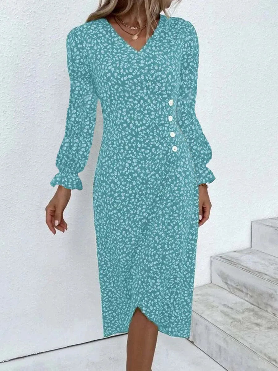 Frühling Floral Bodycon Midi Kleid Für Frauen V-ausschnitt Langarm Rüschen Slim Fit Kleider Weibliche Sexy Vestido Robe.