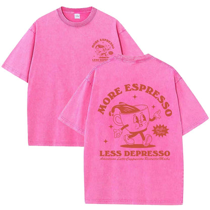More Espresso Less Depresso Letter Cup Drink Print Washed Womens Tee Shirt Cotton T-Shirts New Breathable Clothes All-Match  Top