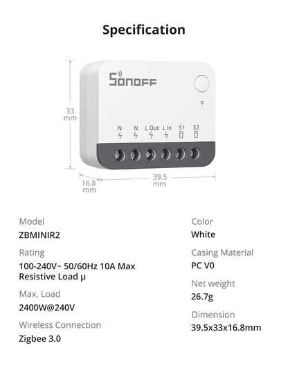 SONOFF ZBMINIR2 Extreme Zigbee Smart Switch Detach Relay Externer Schalter Fernbedienung über eWeLink, kompatibel mit Zigbee Hub