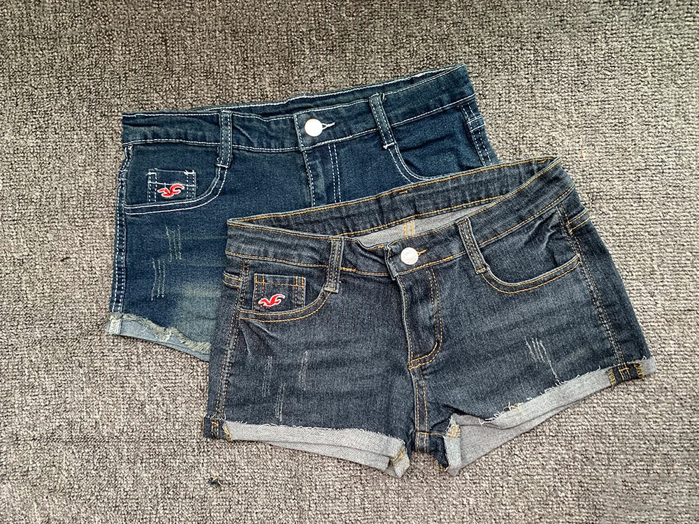 Summer Korean Sexy Low Waist Women Denim Shorts American Lady Y2K Elastic Slim Fit Hot Pants Female Embroidery Wrapping Jeans.