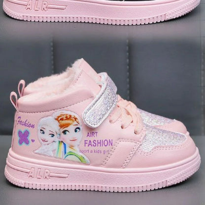 Disney Children Winter Ankle Snow Boots Cartoon Princess Elsa Frozen Pink Casual Shoes For Girls Warm Outdoor Shoes Size 26-37.