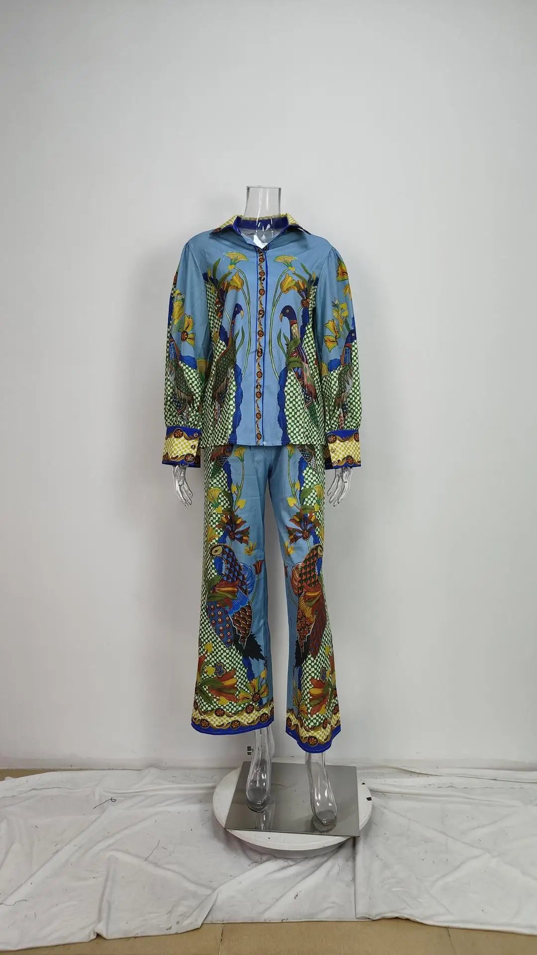 Autumn Women Bohemian Print Lapel Button LongSleeve Shirt+Loose Wide Legs Trousers Set Conjunto Dos Piezas Mujer Elegante Casual.