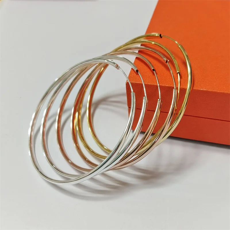 Senlissi - New 18K Gold Plated Hoop Earrings For Women 925 Sterling Silver  3.0mm Fashion Earring Cерьги Kольца 3/4/5/6/7CM.