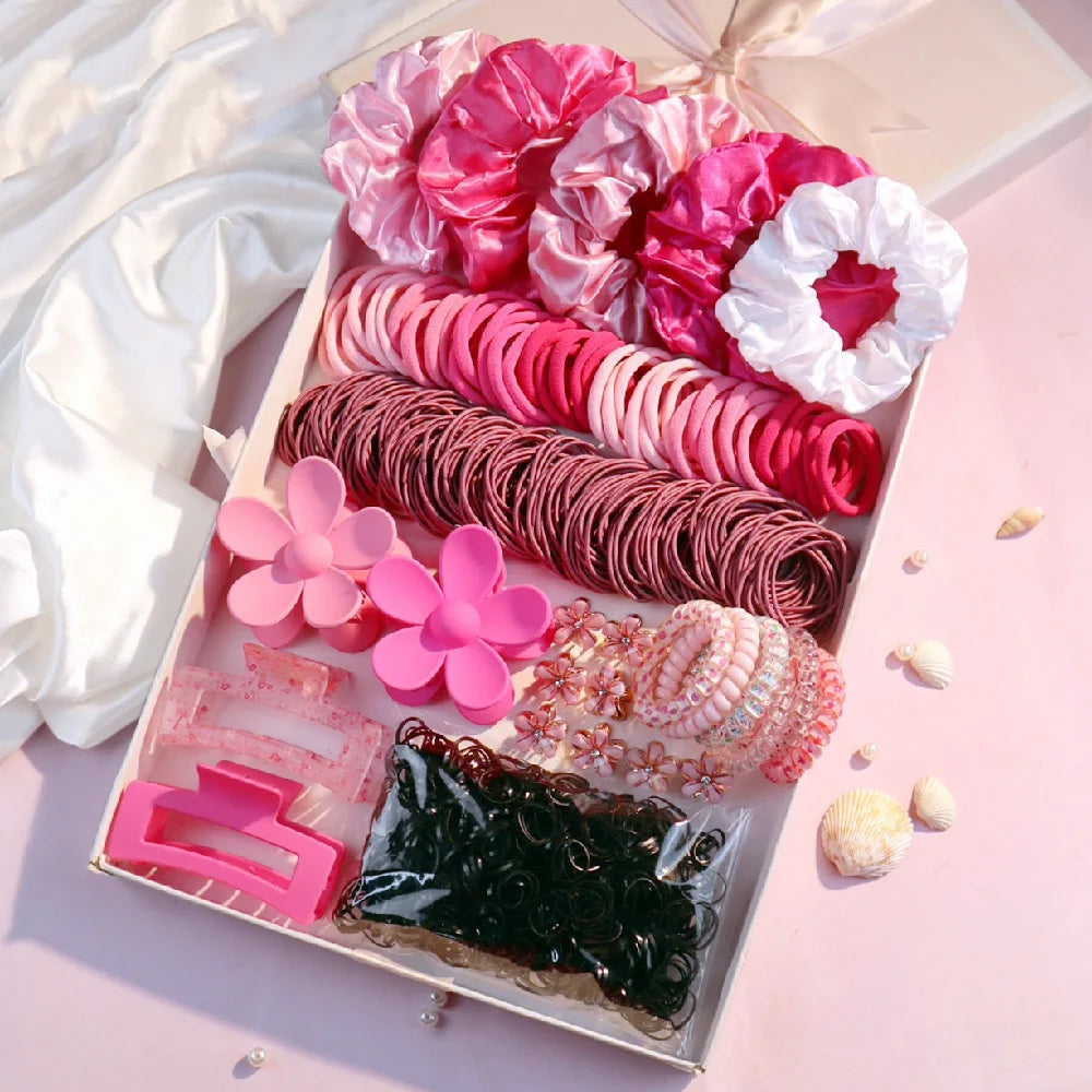 Fashionable Pink Hair Accessories Set for Women, Seamless Ponytail Holders Variety Hair Scrunchies For Women Lady 2024.