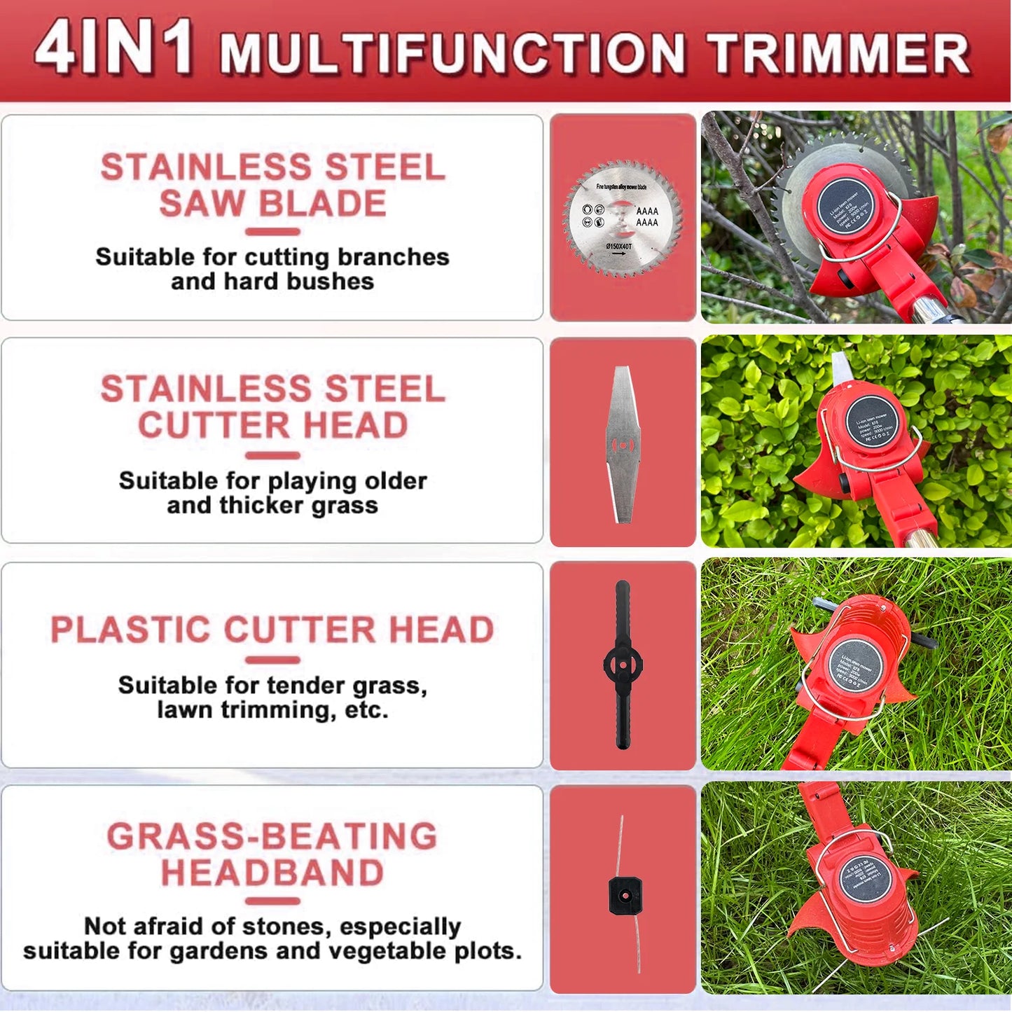 OUTIGO-KF8L schnur loser elektrischer Grass ch neider mit 2 Batterien und 4 Arten von Klingen, zum Mähen von Rasenflächen und Sträuchern im Freien