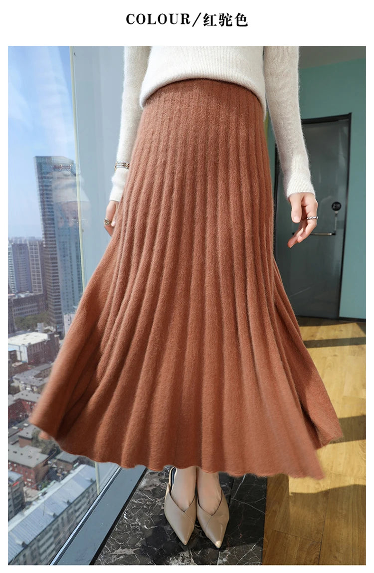 mink cashmere skirt Fashion long dress women A-line skirt autumn winter loose pleated skirt elegant high-waisted skirt ladies.
