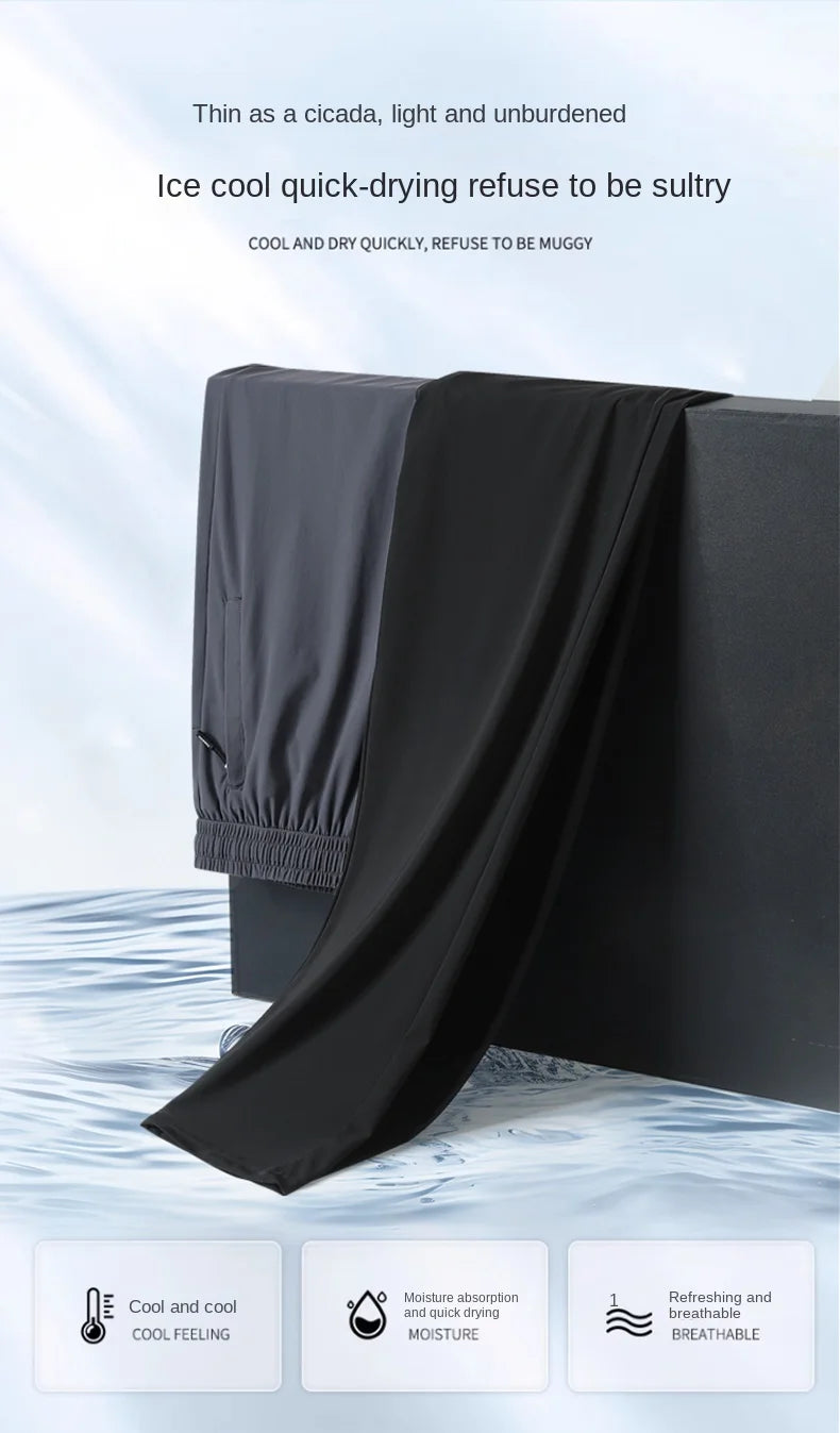 Ice Silk Men's trousers 2024 summer black-and-gray thin style business casual pants outdoor stretch breathable straight leg loos.