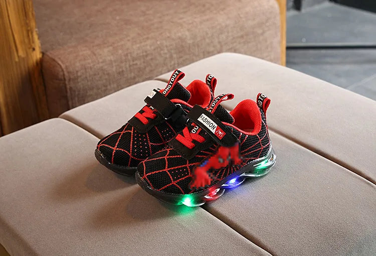 Disney LED Casual Sneakers Red Black For Spring Boys Spider-man Mesh Outdoor Shoes Children Lighted Non-slip Shoes Size 21-30.