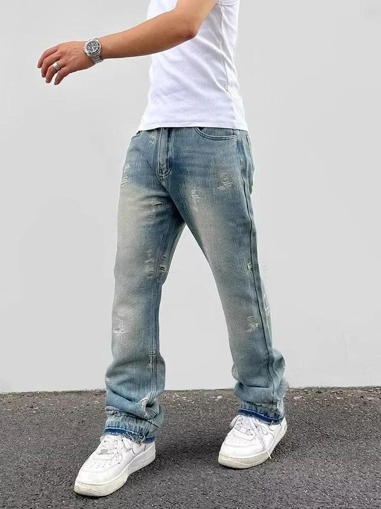 Loose Men's Straight Leg Jeans Casual High Street American Style Torn Frayed Hem Wide Leg Pants Trendy Casual Denim Trousers.