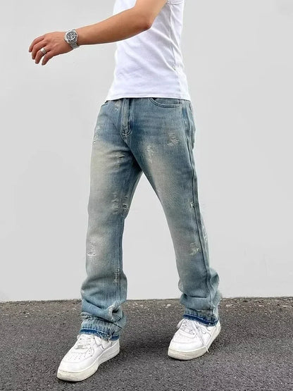 Loose Men's Straight Leg Jeans Casual High Street American Style Torn Frayed Hem Wide Leg Pants Trendy Casual Denim Trousers.