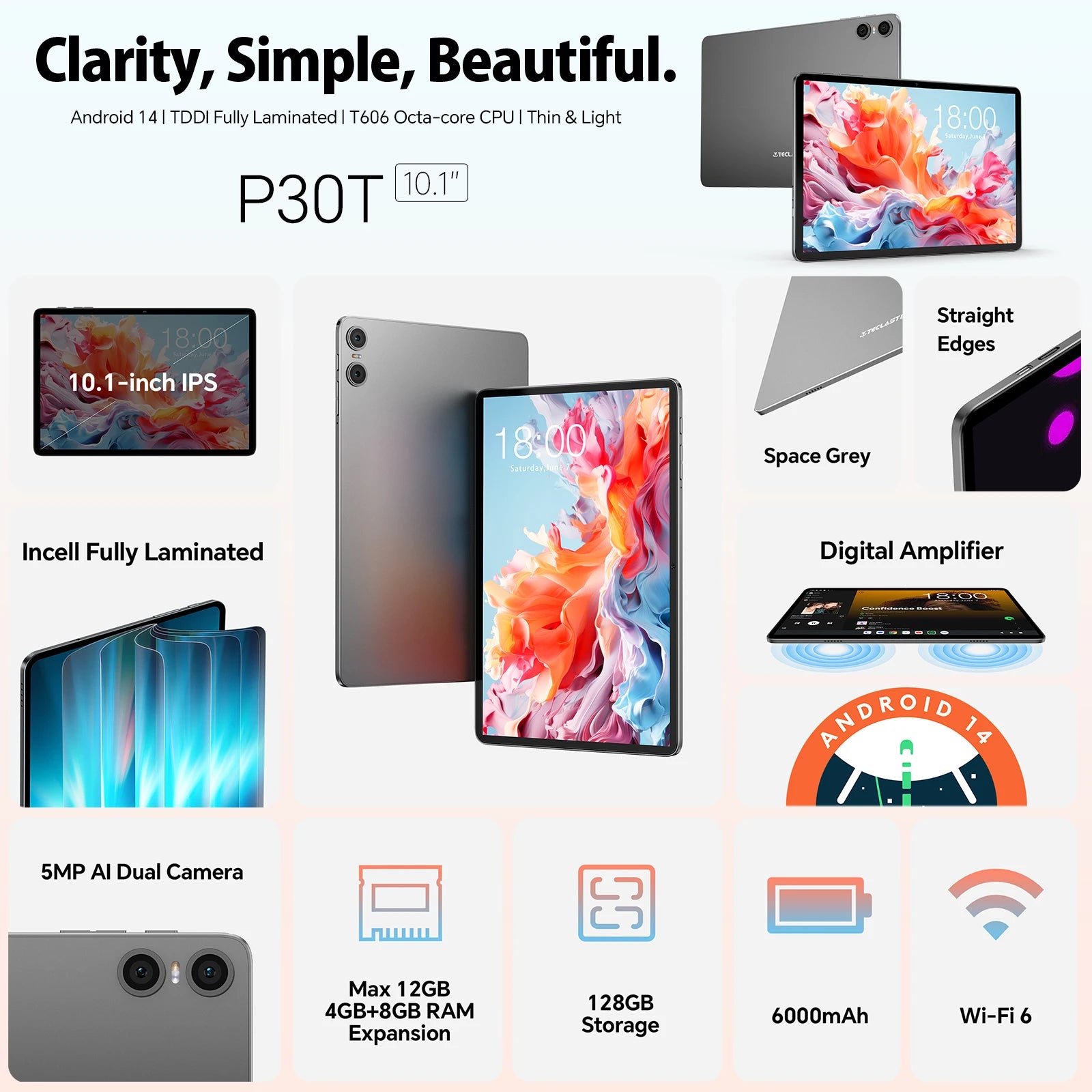 Teclast P30T Set 10.1" Tablet Android 14 T606 8-core Max 12GB RAM 128GB ROM 6000mAh Keyboard/Case/Mouse/Stylus/Headphone/Stand.