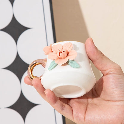 120ml Ceramic Coffee Cup Saucer Set Hand Pinched Flowers with Hand and Dish Milk Tea Porcelain Drinkware Tableware Gift.