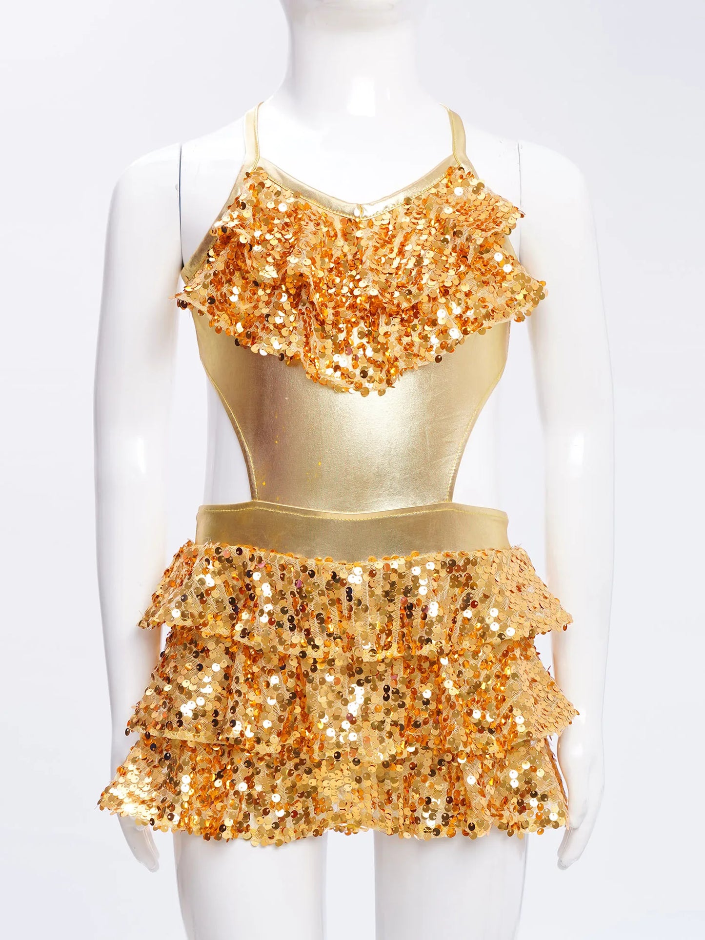Kinder Mädchen Pailletten Jazz Ballett Tanzkleid Ärmellos Ausschnitt Tiered Rüschen Trikot Salsa Samba Rumba Skating Performance Kostüm