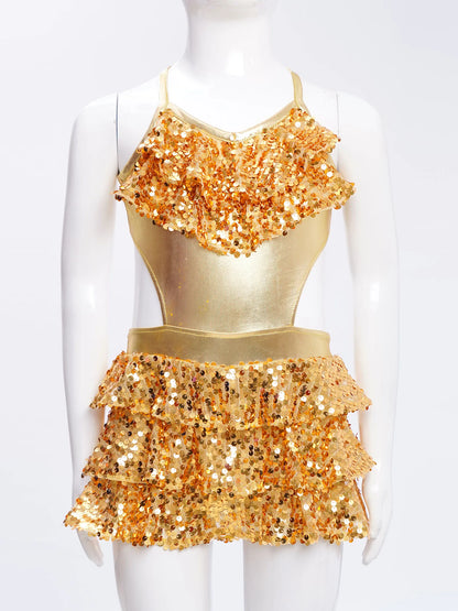Kinder Mädchen Pailletten Jazz Ballett Tanzkleid Ärmellos Ausschnitt Tiered Rüschen Trikot Salsa Samba Rumba Skating Performance Kostüm