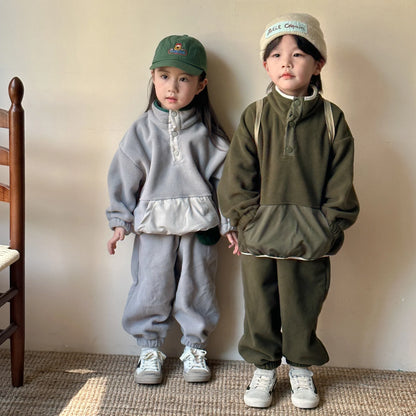 2025 Winter New Children Polar Fleece Sweatshirt Set Boys Girls Plus Velvet Thick Warm 2pcs Suit Kids Casual Sports Outfits.