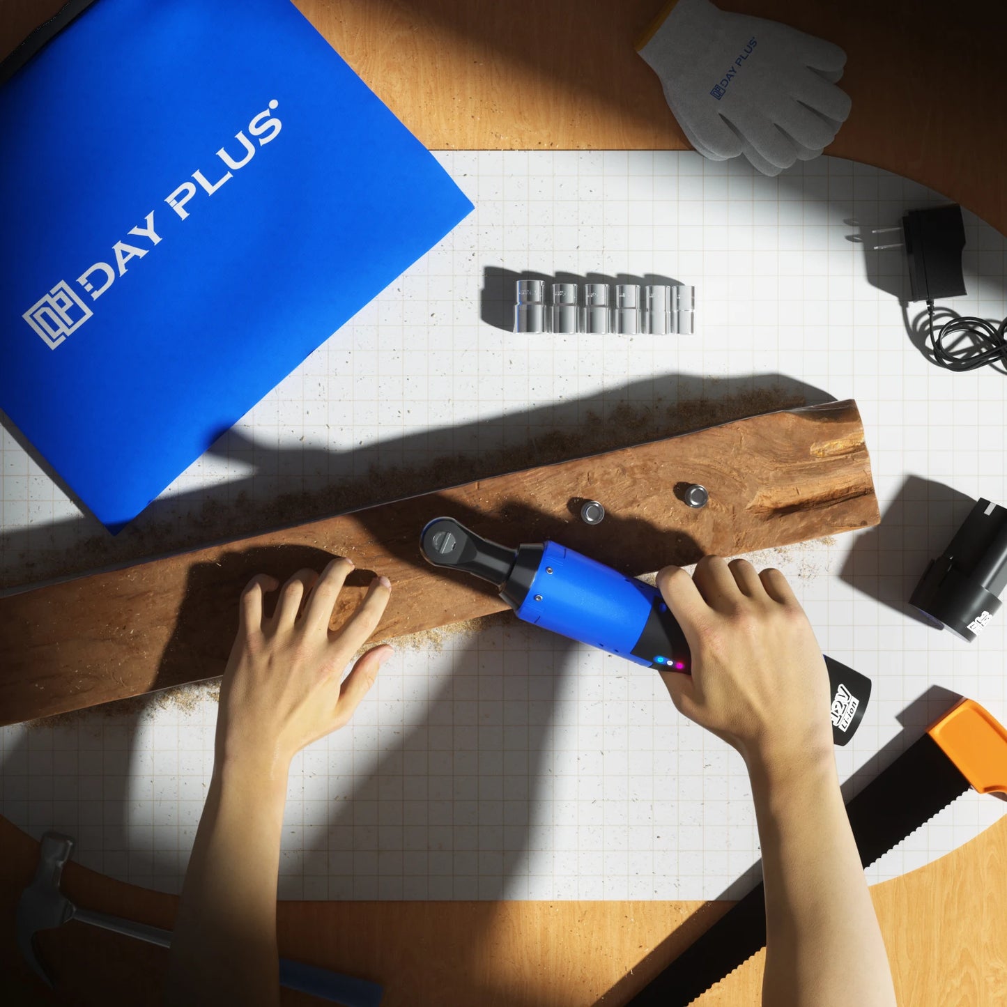 DayPlus 3/8 Zoll kabelloser elektrischer Ratschenschlüssel, 12 V Power-Ratschengerät 200 NM mit 2 x 1500 mAh-Batterien 90 °   Winkelschlüssel, 7 Steckdosen