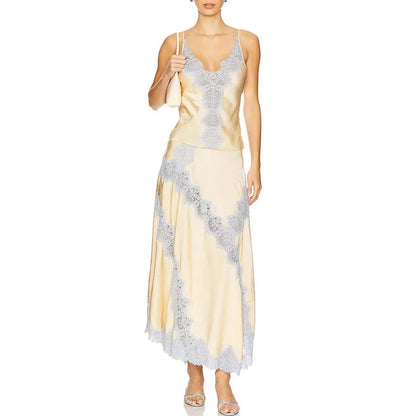 Elegant Sleeveless V Neck Vest High Waist A Line Skirt Fashion Lace Patchwork Skirt Set for Women Lady 2 Pcs Outfits Streetwear.