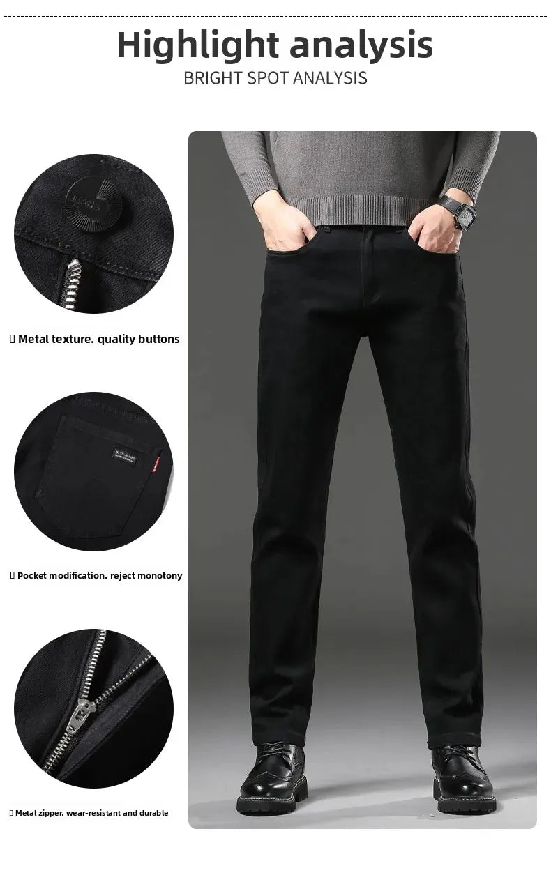 Men's Black Straight Leg Jeans Casual Elastic Business Pants High Waist Slim Fit Long Trousers New 2025 Gray Color.