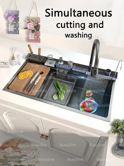 Stainless Steel Kitchen Sink Waterfall Wash Vegetables Basin Intelligent Digital Display Faucet Dish Wash Bowl Large Single Slot