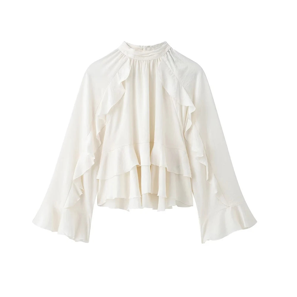 Women's Long Sleeve Ruffled Blouse Stand Collar Chic Fashion Top Elegant Female Shirt.