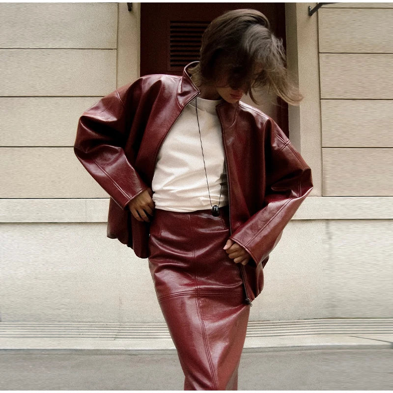 Stylish Leather Solid Jacket Pants Set Women Stand Collar Zipper Coat Loose Trousers Sets Female 2025 Autumn Fashion Streetwears