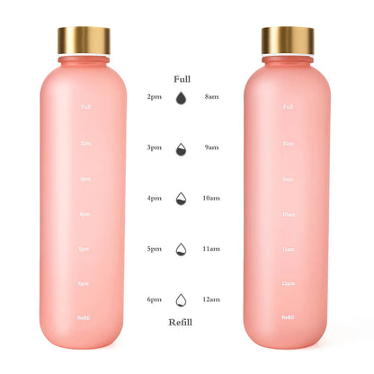 1L Bottle With Time Marker 32 OZ Motivational Reusable Fitness Sports Outdoors Travel Leakproof BPA Free Frosted Plastic.