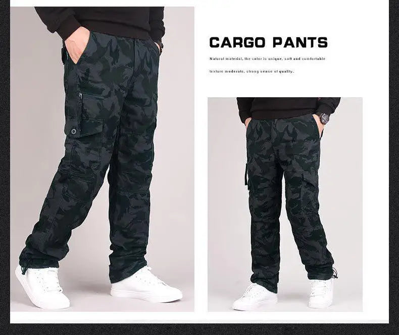 Autumn Winter Mens Cargo Pants Fleece Warm Trousers Cotton Pants Insulated Hiking Running Pants Man Multiple Pockets.
