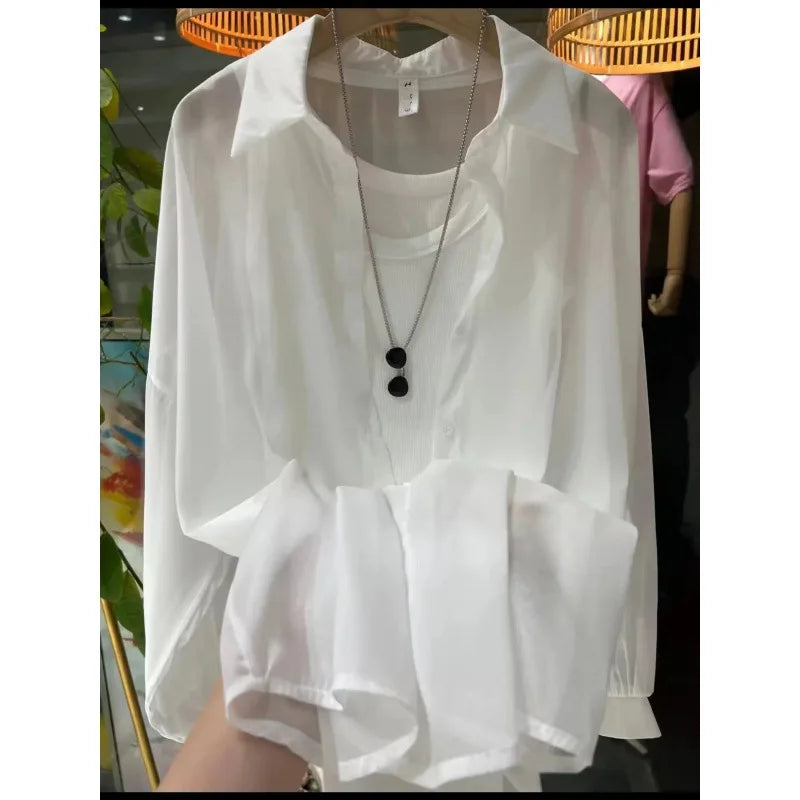 1pcs Woman Four Seasons Shirt Lady Thin Sunscreen Shirts Female Casual Long Sleeve Turn-down Collar Loose Med-Length Style Tops