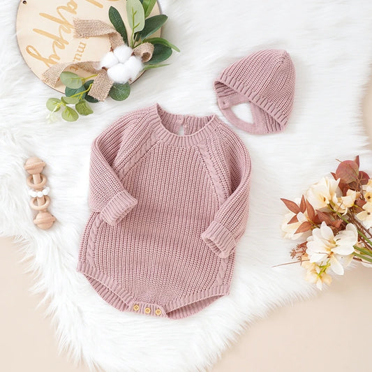 Neugeborenen Baby Mädchen Boy Knit Pullover Strampler Crewneck Sweatshirt Langarm Warme Bodys Tops Mit Hüte Herbst Winter Kleidung