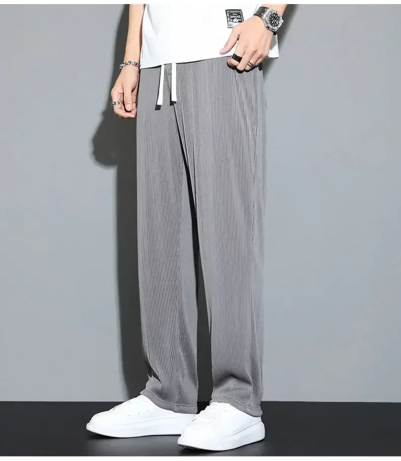 Summer Loose Ice Silk Pants Men's Drape 100KG Size Long Pants Fat Casual Sports Pants Wide Leg Straight Pants Tide Brand.