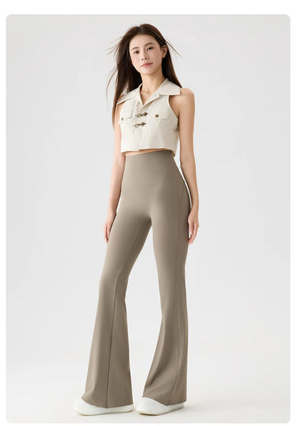 BIVIGAOS Naked Feeling Back Waist Pocket Sharkskin Micro Flared Leggings Women's Tight Sexy Sports Fitness Yoga Casual Pants.