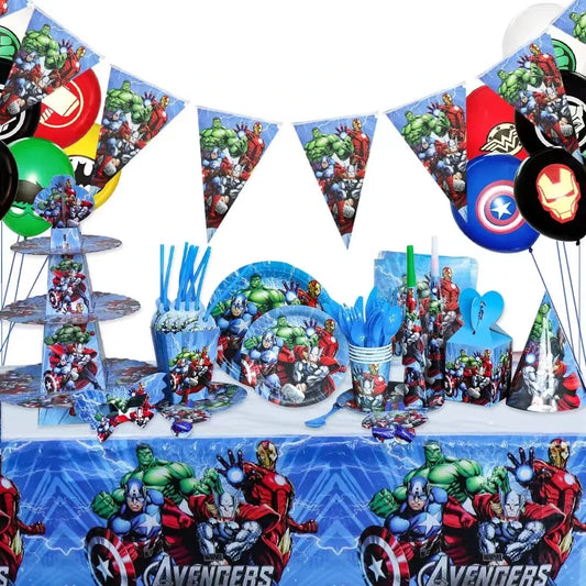 Marvel Avengers Geburtstagsdekoration Superhelden-Thema Geschirr Tassen Teller Spiderman Iron Man Luftballons Partyzubehör für Kinder Jungen.