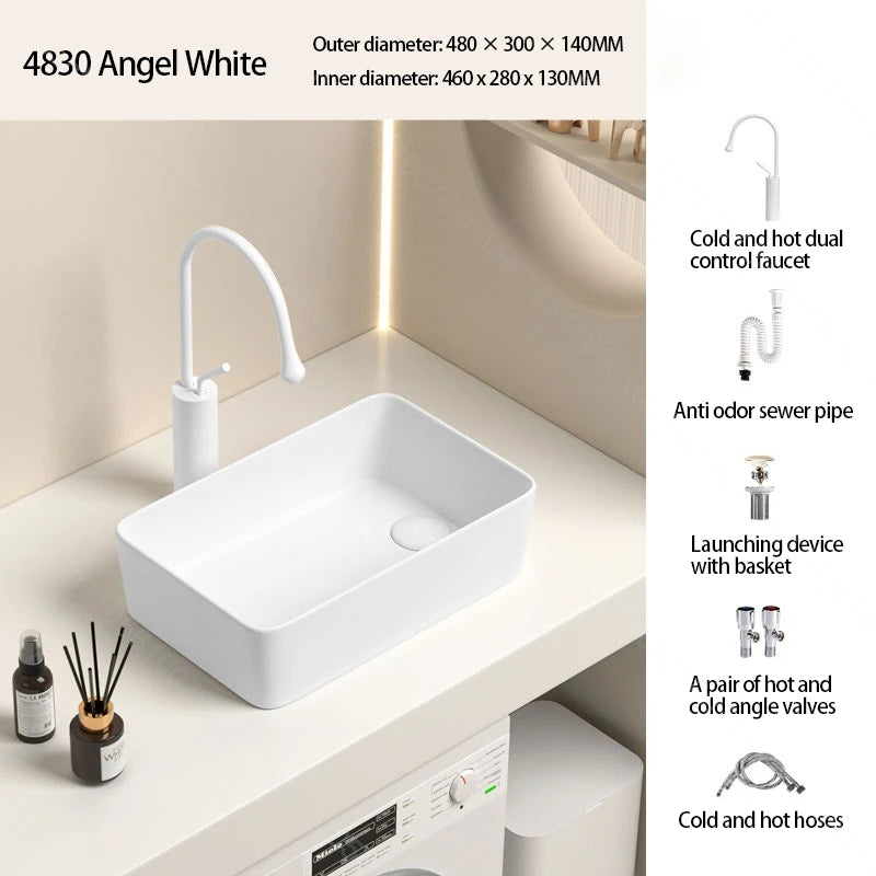 Rechteckiges Waschbecken aus Porzellan-Keramik für Badezimmer, modernes Waschbecken über der Theke mit Abflussset, Waschtischwaschbecken auf der Arbeitsplatte